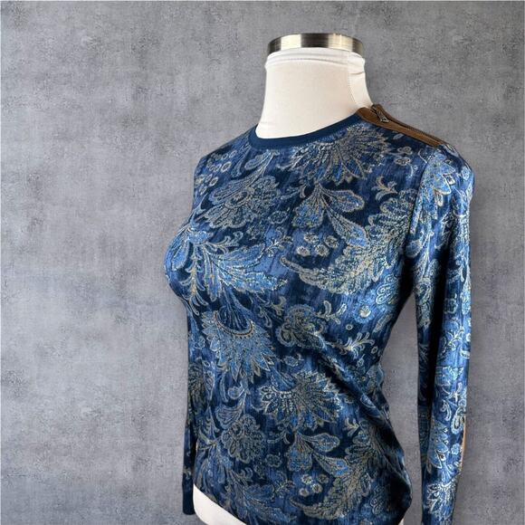 NWT Lauren Ralph Lauren Paisley Print LS Suede Elbow Shoulder Zip Top Blue Large - Picture 3 of 14